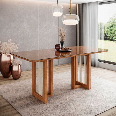 Mesa de Jantar 160cm Retangular 6 Lugares com Vidro Canto Arredondado Yara Henn