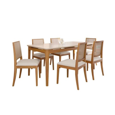 Conjunto Sala de Jantar Baobá 1,80x0,90 com 6 Cadeiras Buriti Estofada D28 - Madeira/Offwhite/Linho