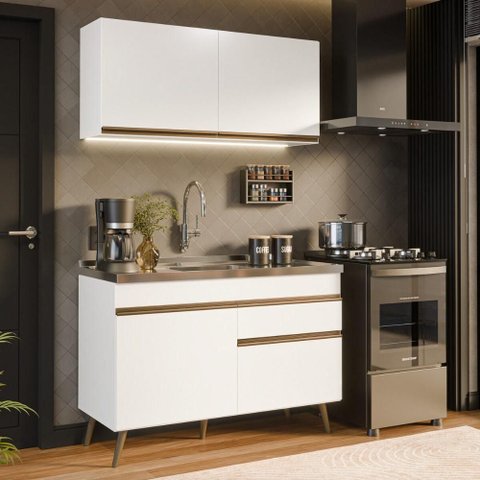 Armário Cozinha Modulada Compacta Balcão com Pia 120cm Florença Multimóveis MCR2466 Branco