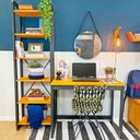 Ver imagem 1 de Home Office Escrivaninha e Estante de Madeira Pinus Linea Slim Carvalho e Preto