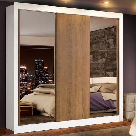 Guarda-Roupa Casal Madesa Lyon Plus 3 Portas de Correr com Espelhos 4 Gavetas Branco/Rustic Cor:Bran