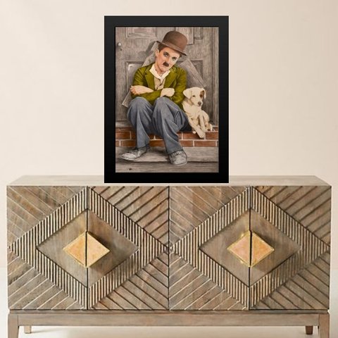 Quadro Charlie Chaplin com Cachorrinho 33x24cm - com Vidro:moldura Branca