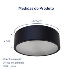 Plafon Redondo de Aluminio Preto 25cm - 3