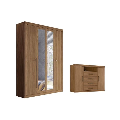 Quarto Completo Casal Guarda Roupa 4 Ptas Buriti + Cômoda Master Jatobá S. Andirá