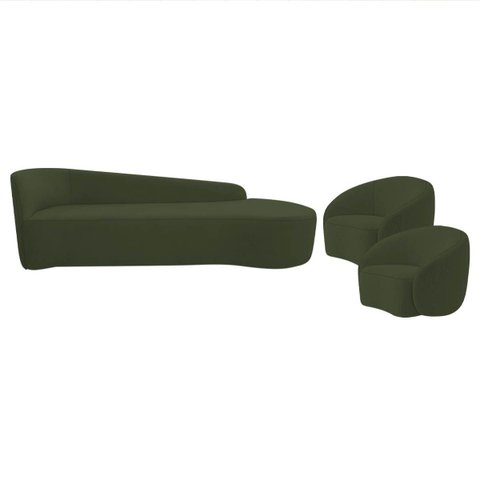 Kit Divã Recamier Orgânico França 180cm Lado Direito e 2 Poltronas Amore Linho