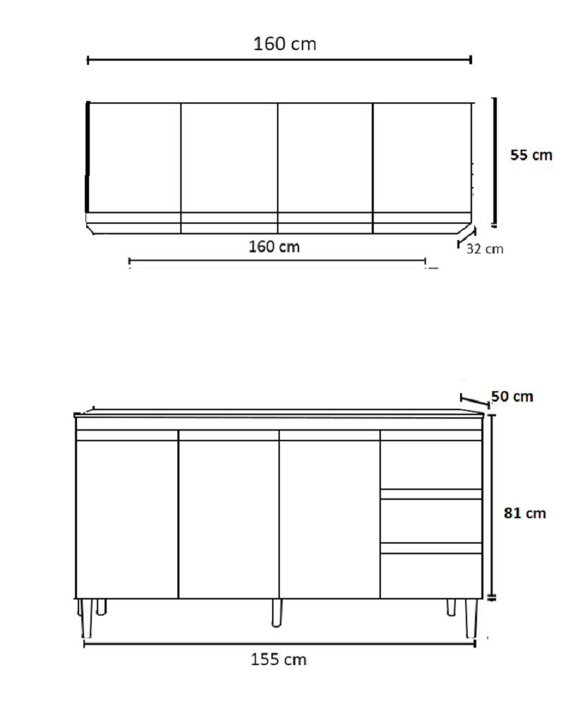 Armário Aéreo e Balcão Gabinete com Tampo 160cm Andréia Cinza Ajl - 3