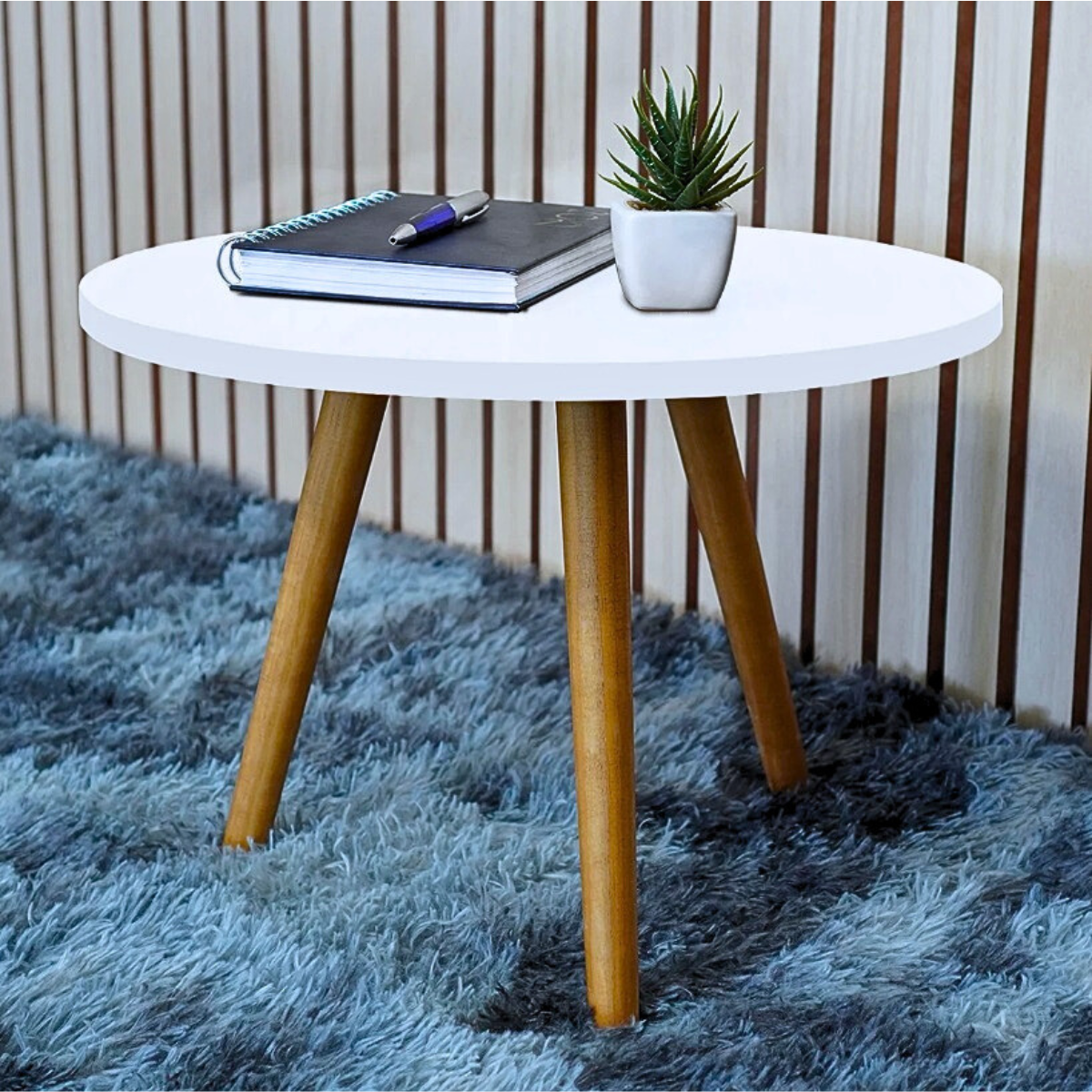 Mesa Lateral e Canto de Sofa e Sala Pe de Madeira Maciça Decoração Branco Preto Freijo