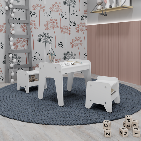 Conjunto Infantil 3 Pecas 1 Mesa com 2 Banquinhos Branco