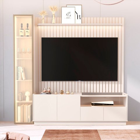 Rack com Painel para TV até 75 Polegadas Ripado com LED e Vidro Reflecta 100% MDF 219CMX223CM Vitoria Regia Yescasa Bege