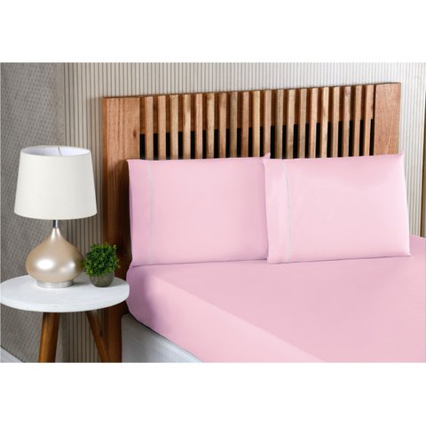 Jogo de Lençol Queen Size 3 Peças 100% Algodão Percal 200 Fios com Acabamento em Ponto Palito Rosa