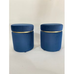 Kit 2 Puff Veludo Cinta Dourada:azul