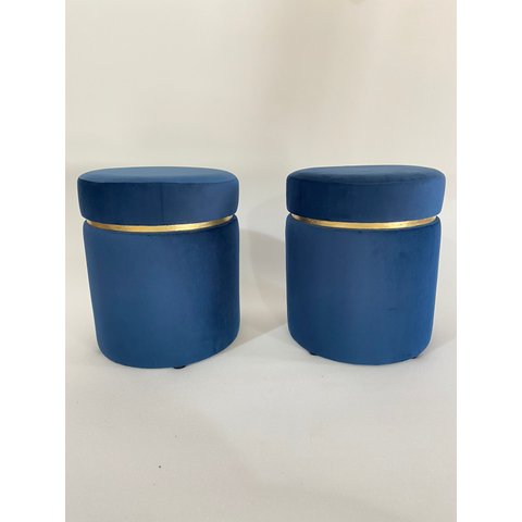 Kit 2 Puff Veludo Cinta Dourada:azul