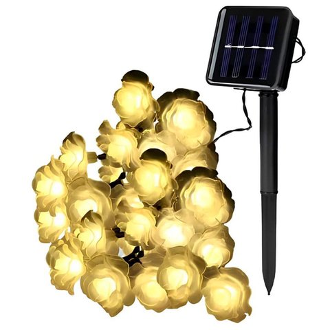 Grinalda Cordão Luzes Solares Rosas Dourada Jardim 20 Leds