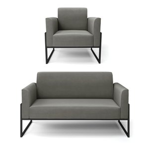 Sofá Namoradeira com Poltrona Base Industrial Alta Preto Marisa Suede D03 - D'rossi Drossi Grafite