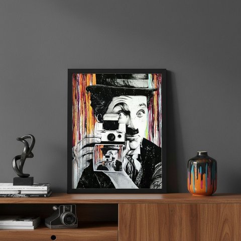 Quadro Pop Art Chaplin Tirando Foto 24x18cm Mold Preta