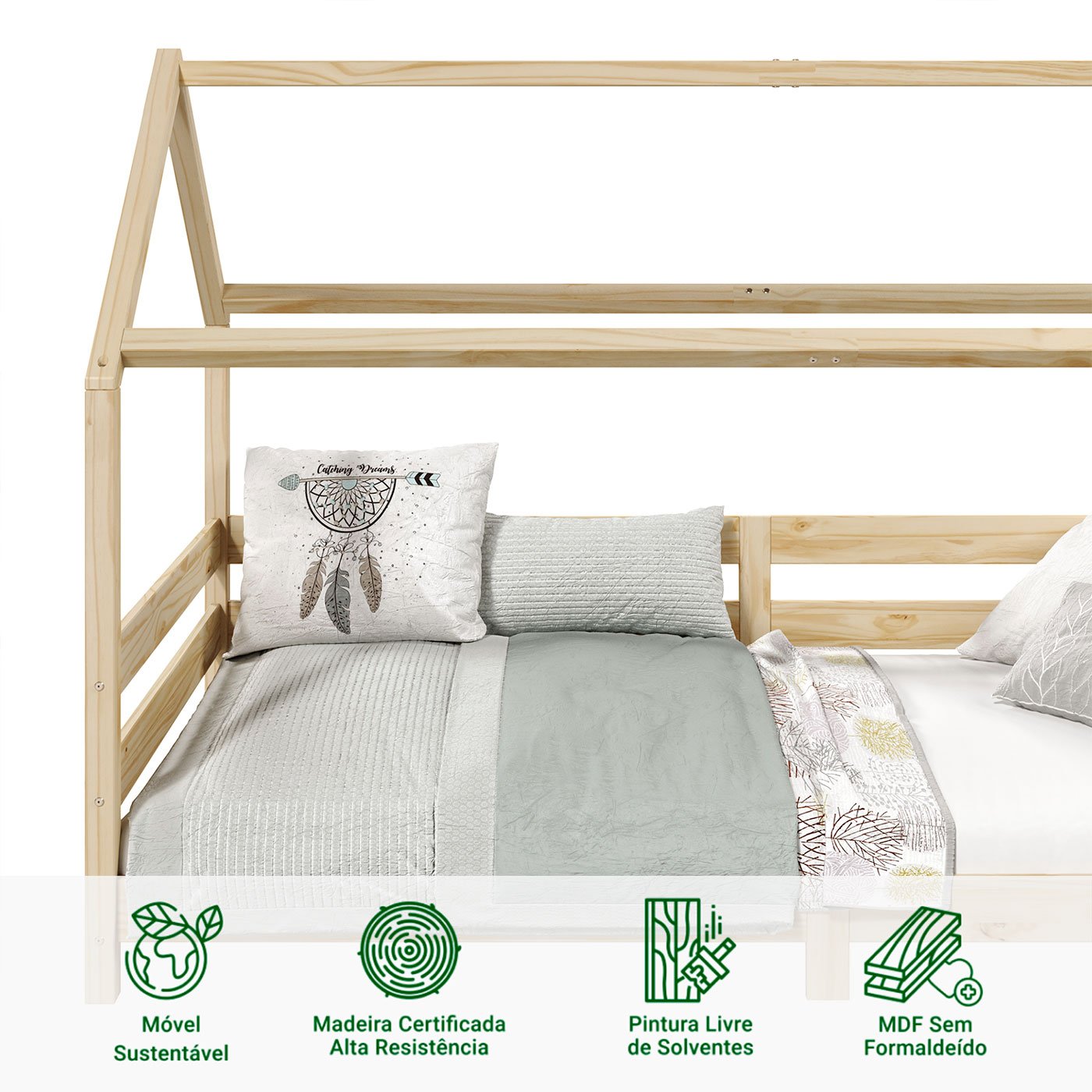 Cama Montessoriana Madeira Maciça Casa com Estrado Fina Natural - 12