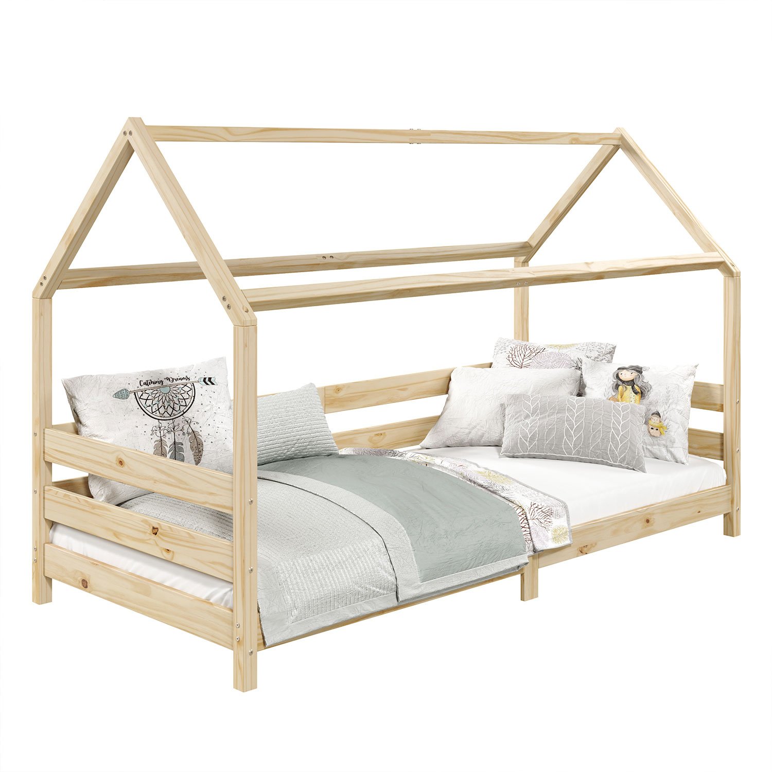 Cama Montessoriana Madeira Maciça Casa com Estrado Fina Natural - 3