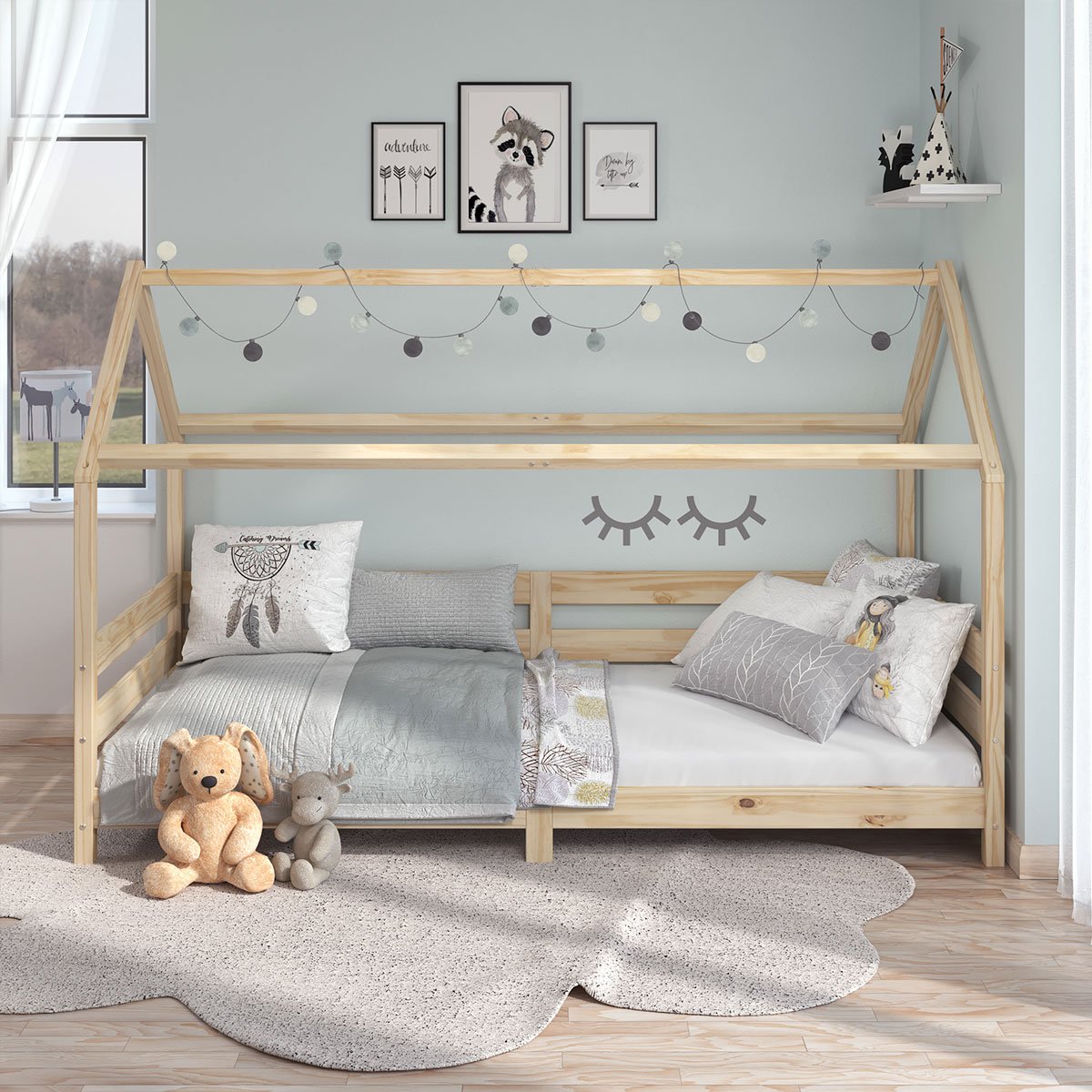 Cama Montessoriana Madeira Maciça Casa com Estrado Fina Natural - 11