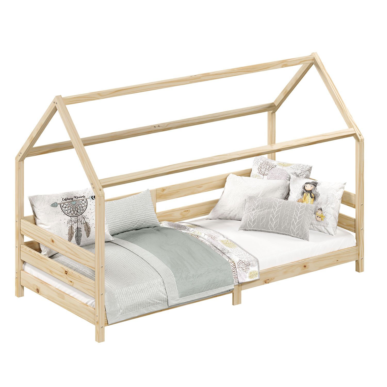 Cama Montessoriana Madeira Maciça Casa com Estrado Fina Natural - 4