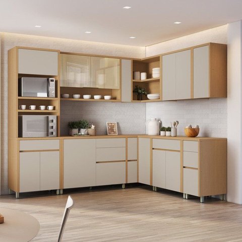 Cozinha 11 Peças Condessa com Vidro Canto Torre Quente 100% MDF Bege/Carvalho Greige