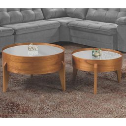 Conjunto Mesa de Centro Anna com Tampo Off White e Pés em Madeira - 8