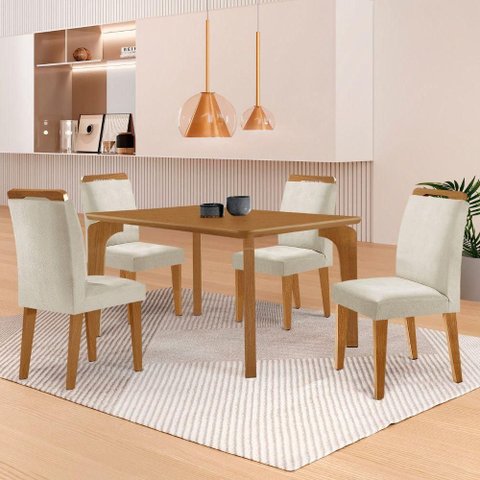 Mesa Liz 120 MDF com 4 Cadeiras Athenas Veludo Creme/Naturalle/Naturalle