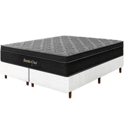Cama Box Branca + Colchão King Size Santa Cruz Preto Molas Ensacadas Euro Pillow 193x203x72cm