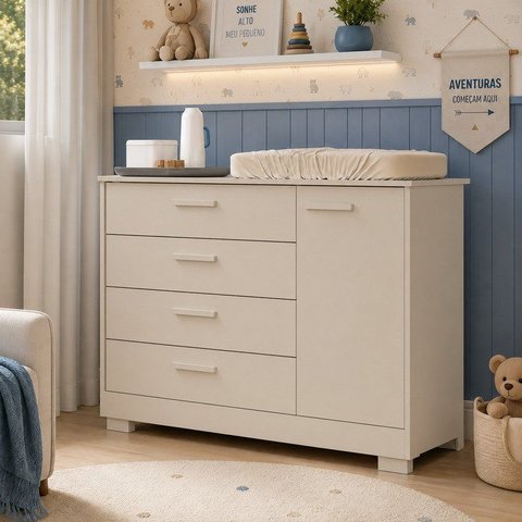 Cômoda Sapateira Zaki para Quarto de Bebê | 100% MDF 1 Porta e 4 Gavetas Areia Fosco