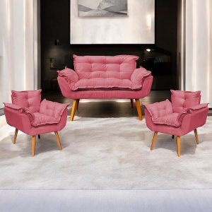 Kit Namoradeira Decorativa + 2 Poltronas para Sala Recepção Manicure Consultório Alice Suede