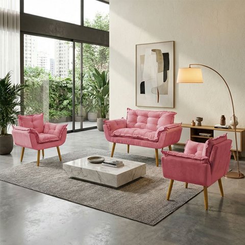 Kit Namoradeira Decorativa e 2 Poltronas Confortável para Sala Recepção Manicure Alice Suede