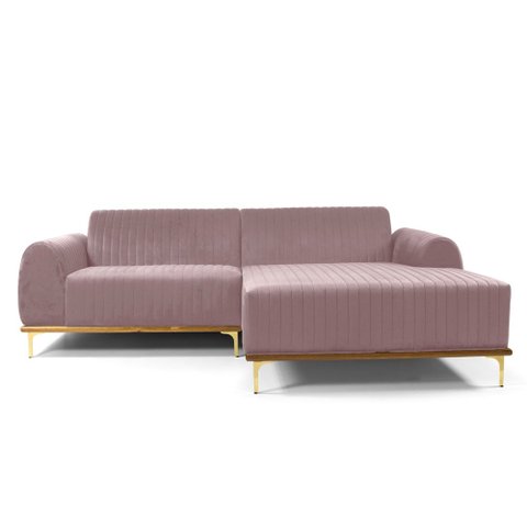 Sofá 3 Lugares Lisboa D07 com Chaise Direita 230cm Veludo Rosa - D’Rossi