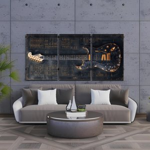 Kit 3 Quadro Decorativo Rock Guitarra Dourada Violão Música 40x28cm