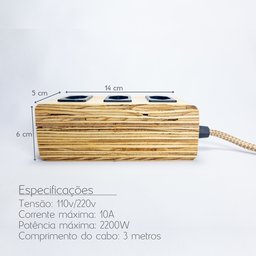 Extensão Madeira Régua Elétrica 3 Tomadas Preta - 4
