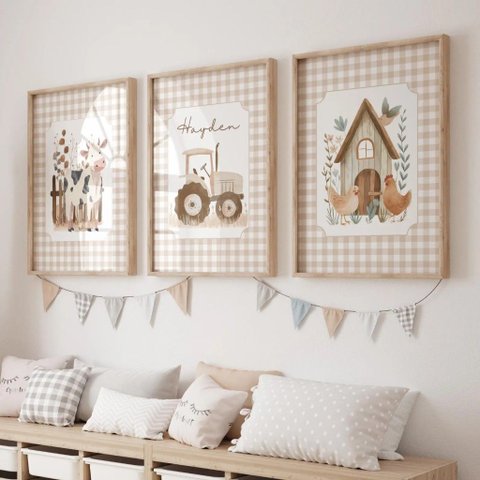 Kit 3 Quadros Decorativos Infantil - Fazendinha Baby NO2 - 30x40 - Moldura Madeira