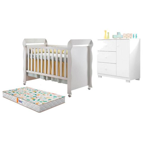 Berço Americano Mirelle e Cômoda Infantil Duda Branco Brilho com Colchão Gazin – Phoenix Baby