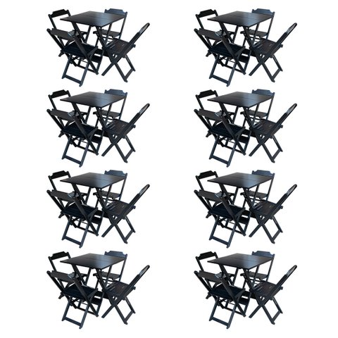 Kit 8 Conjuntos de Mesa com 4 Cadeiras de Madeira Dobrável 70x70 Preto