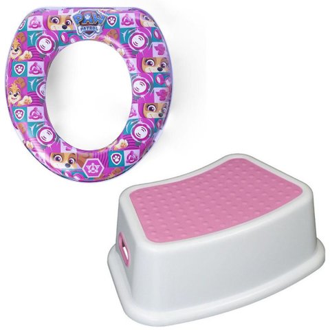 Kit Completo Desfralde Redutor Assento Vaso Sanitário Rosa e Degrau Banquinho Crescidinho Patrulha C