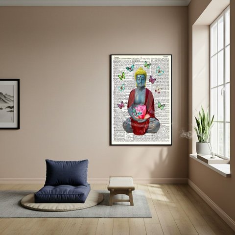 Quadro Buda com Borboletas e Uma Flor de Lótus - 70x50cm:moldura Branca