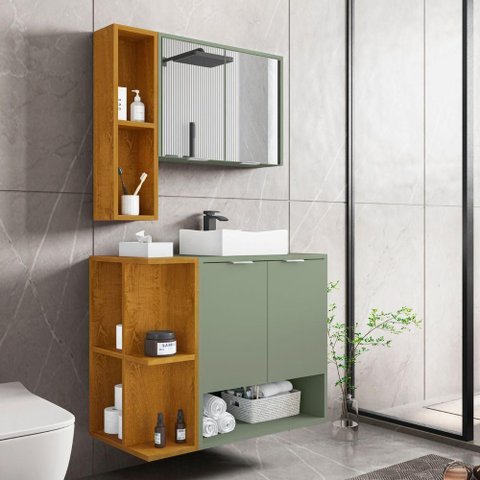 Conjunto para Banheiro Casa Azzur Pistache Naturalle 4 Portas 7 Prateleiras MDP 148cm Verde Bechara