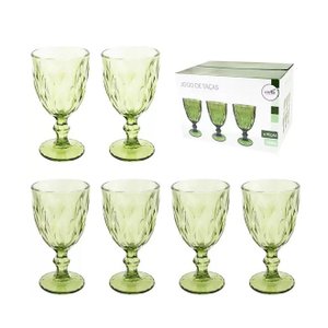 Jogo de Taca de Vidro para Vinho / Agua Verde Claro 6 Pecas 330ml - Casita