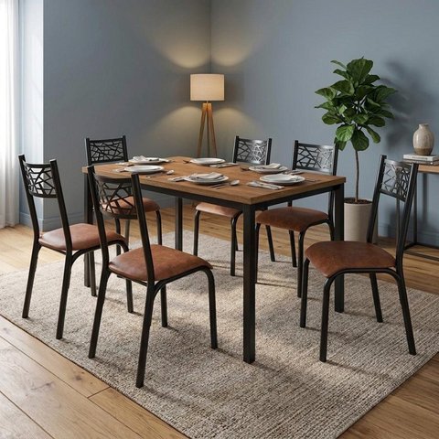 Conjunto Mesa de Jantar 6 Cadeiras 136cm Retangular