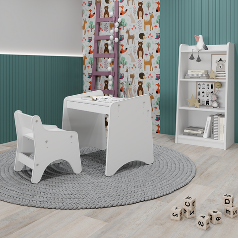 Conjunto Infantil 3 Pecas 1 Mesa 1 Cadeira com Regulagem 1 Estante Organizadora Branco