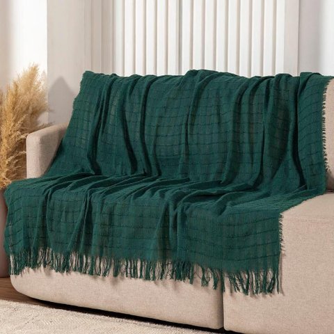 Manta Xale Rubi 1,70m X 1,40m com Franja para Sofá Cama 100% Algodão 01 Peça - Verde