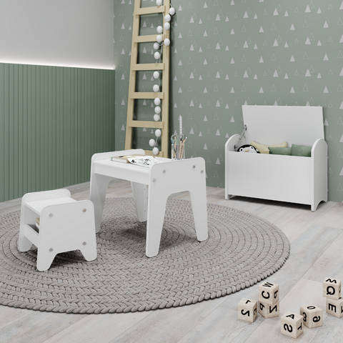 Conjunto Infantil 3 Pecas 1 Mesa 1 Banquinho 1 Bau Organizador Branco