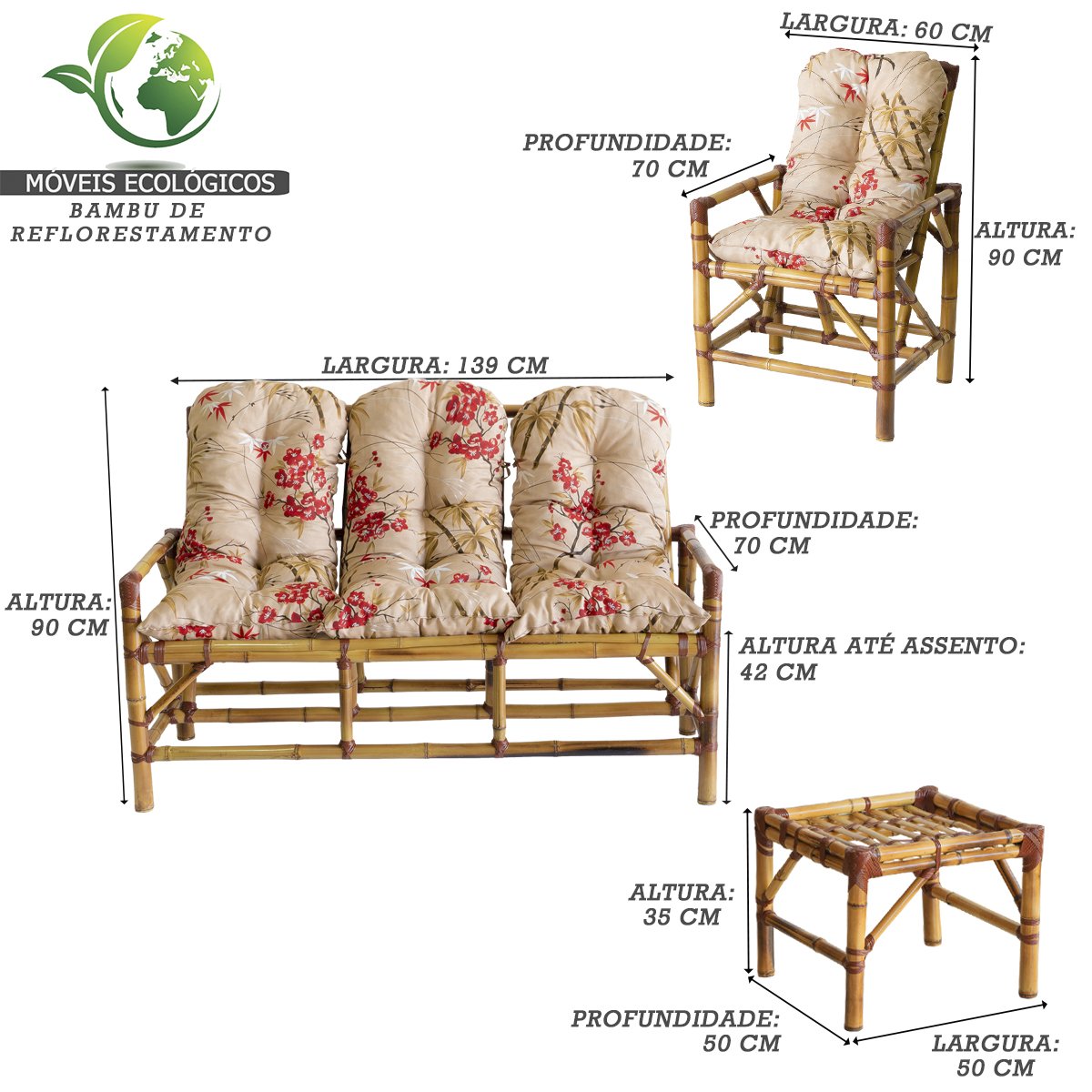 Conjunto Poltronas de Bambu 5 Lugares Cadeiras e Mesa de Centro com Almofadas para Área T21 - 4