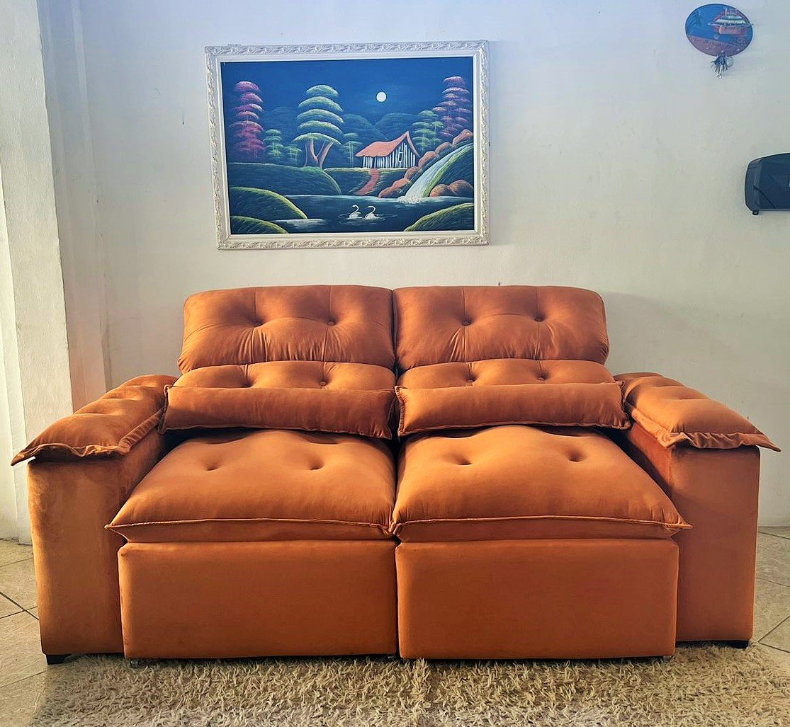 Sofá Retrátil e Reclinável 2,00m com Pillow nos Braços - Tecido Veludo Terracota - 1