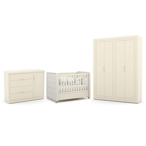Dormitório Tutto New 4 Portas, Cômoda 1 Porta e Berço Off White com Capitonê - Matic Móveis