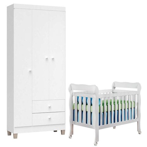 Berço Americano Lila e Guarda Roupa Ternura Baby 3 Portas Branco Brilho - Incorplac
