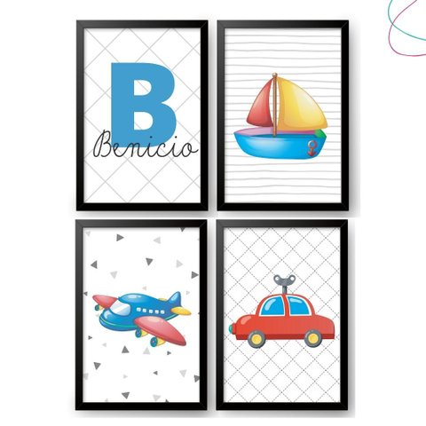 4 Quadros Decorativos Infantil Meios de Transporte Carrinho:preta