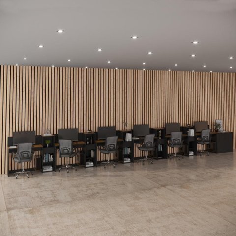 Conjunto de Escritório Noruega 5 Livreiro 1 Buffet e 6 Mesas 90cm - Via Nossa - Preto e Cedro